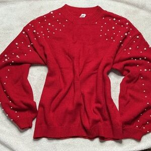 Red Pearl-Embellished Women's Sweater